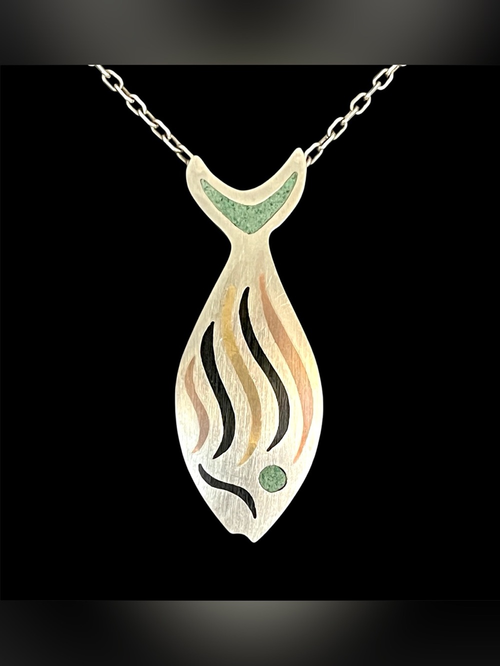 Vintage Taxco Sterling Silver Brass Copper Turquoise Fish Pendant Eagle 3